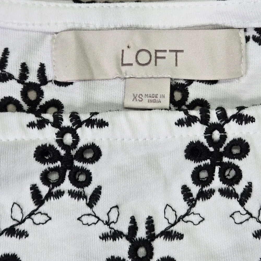 LOFT Womens XS White Black Eyelet Embroidered Puff Sleeve Square Neck Top 586416